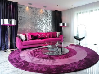 Wall Mural - modern living room with silver, black and magenta accents, pink sofa, gray wallpaper, white wall, round carpet on the floor, chrome table lamp, curtains in fuchsia color, glass chair,