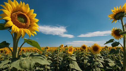 Wall Mural - Field of bright yellow sunflowers under a clear blue sky.