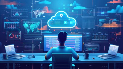 Data science, AI and cloud data concept. Computer programmer.