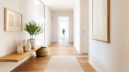 Canvas Print - Minimalist Interior Design with Wooden Shelf and Rug.