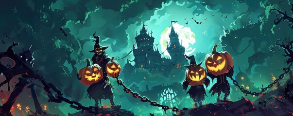 Wall Mural - Spooky Halloween scene with pumpkins, witches, and a haunted castle under a full moon, surrounded by dark, eerie trees and glowing lanterns.