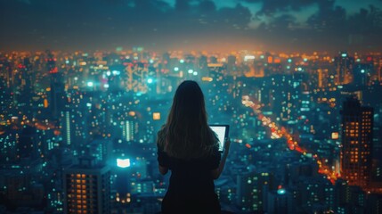 Wall Mural - Digital technologies, Internet connection. A girl with a tablet