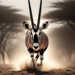 Wall Mural - An Oryx Desert Antelope running in the desert, sharp focus on the eyes and mouth