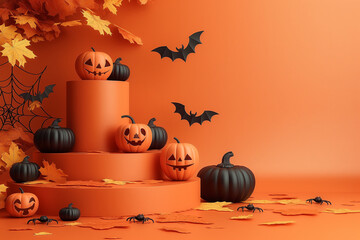 Wall Mural - A Halloween scene with pumpkins and bats on a table