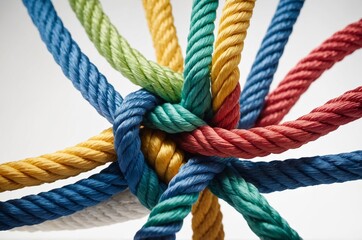 Close-up of colorful ropes intertwined in complex pattern signifying unity connection and collaboration