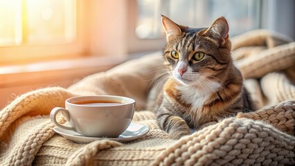 Sticker - Cat relaxing with a cup of tea in a cozy setting, cat, tea, cozy, relaxation, feline, pet, domestic, beverage, mug, cup, furry, whiskers