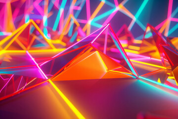 Wall Mural - 3D abstract background with low poly geometric shapes and colorful neon lines.