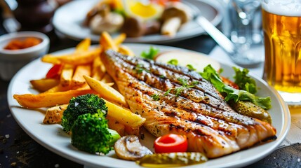 Wall Mural - grilled salmon with fries and beer.