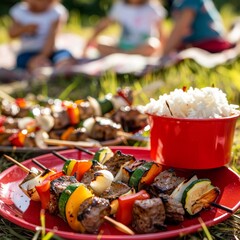 Wall Mural - mixed vegetable and beef skewers on a red plate, white rice in a red cup next to it, far behind the tent, far away children are sitting on the grass and happily talking to each other, sunny day, natur