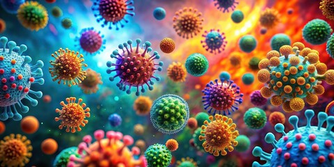 Canvas Print - Abstract close-up of microorganisms, viruses, and molecules in a colorful background, microorganisms, viruses