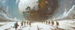 © Aris Suwanmalee - Group of explorers traversing snowy landscape with giant alien structure floating in the sky, surreal science fiction setting.