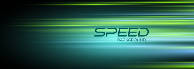 Poster - Speed background with green and blue motion lines effect. Black modern wide abstract technology background with glowing high-speed and movement light effect. Vector illustration creative wide banner