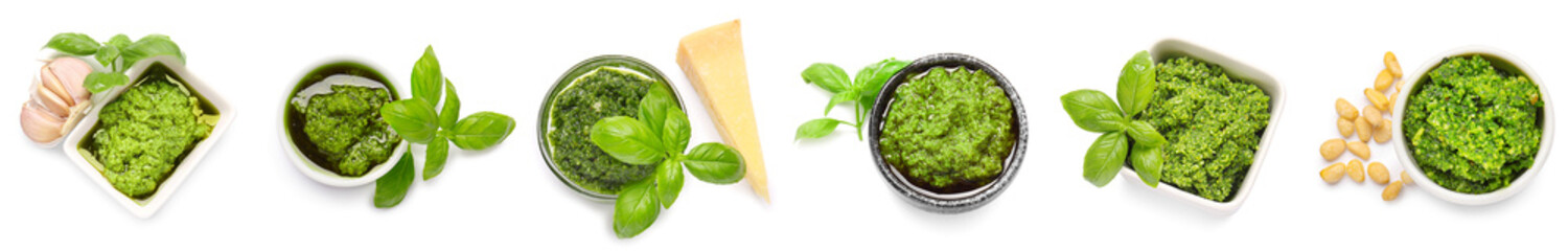 Set of tasty pesto sauce in bowls on white background, top view