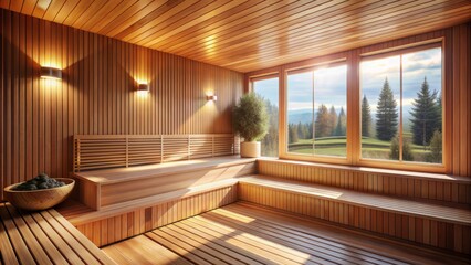 Sticker - Elegant wooden sauna interior with large window illuminates serene ambiance, surrounded by refined wood grains, on a warm summer day.