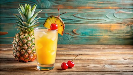 Sticker - Refreshing tropical cocktail served with a slice of pineapple and cherry on a wooden table, tropical, cocktail, drink