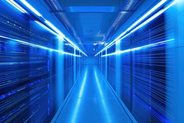 Sticker - Futuristic data center corridor illuminated with blue lights, showcasing advanced technology and high-speed data processing environment.