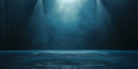 Empty scene with glowing green and blue smoke environment atmosphere reflect on floor. Fashion vibrant colors spectrum background. 3d rendering