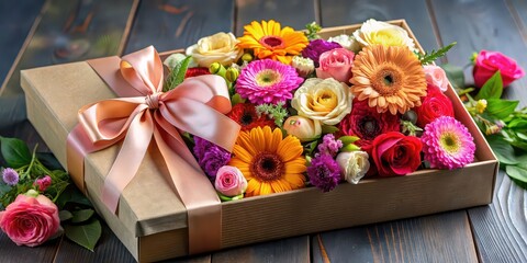 Poster - Beautiful gift box with a variety of colorful flowers, gift box, flowers, bouquet, present, floral, arrangement, celebration