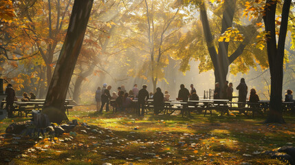 Wall Mural - A group gathers under sun-dappled trees in a park, creating a serene and warm atmosphere, as golden leaves scatter the ground.