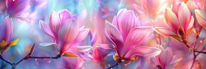 Blooming magnolia tree floral background. Pastel pink petals, colorful flowers