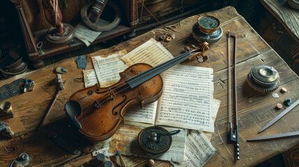 an antique violin rests on a wooden table surrounded by sheet music and vintage tools, reminiscent o