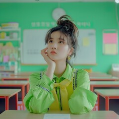 Wall Mural - Asian Hallyu Girl Contemplating in Modern Classroom with Green Background