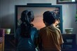 © Gophotograph - High-quality UHD 4K image produced by AI shows back view of Indian boy and girl immersed in movie at home