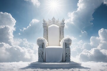 Majestic white throne on platform of clouds bathed sunlight creating ethereal and inspiring scene