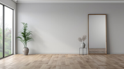 Wall Mural - Luxurious empty room interiors with a window providing natural light, a mirror on the wall and minimal furniture. Luxury residential real estate composition in neutral colors.