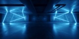 Fototapeta Perspektywa 3d - Sci Fi Futuristic Cyber Retro Gaming Showcase Product Garage Grunge Concrete Neon Laser Glowing Blue Vibrant Background Empty Hangar Studio Tunnel Background 3D Rendering