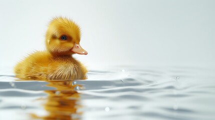 Adorable yellow duckling floating in clear water, symbolizing new beginnings and innocence with a blurred white background.