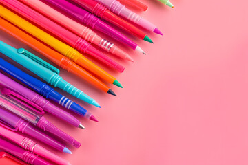 Poster - Multicolored felt tip pens on pink background for back to school flat lay with empty space