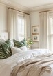 © Iigo - Luxury bedroom interior design with white linens, bed, curtains and window.