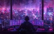 © peacehunter - Cybersecurity Specialist Monitoring Multiple Screens in a Futuristic Cityscape at Night with Neon Lights