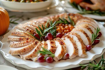 Wall Mural - A plate of food with a large piece of meat and a variety of fruits