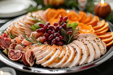 Wall Mural - A plate of food with a large piece of meat and a variety of fruits