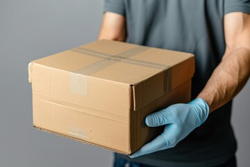 A man in a red shirt is holding a cardboard box