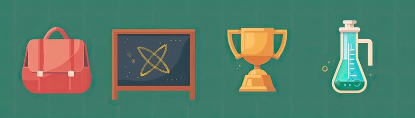 illustration of a school bag, chalkboard, trophy, and lab flask, representing education, science, achievement, and learning.