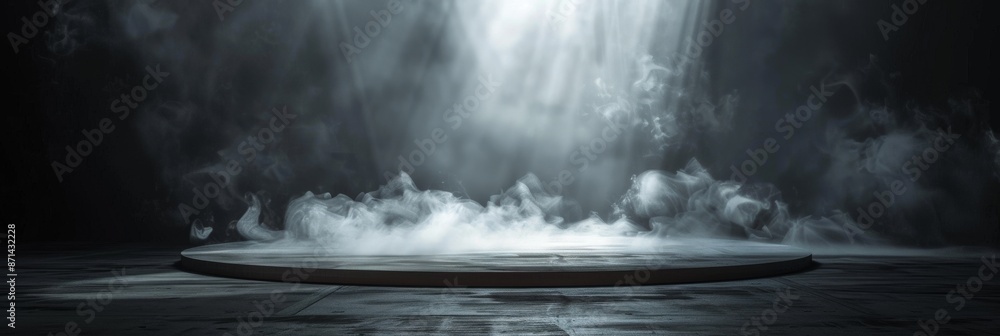 Stage illuminated by spotlight in studio dark room with smoke effects ...