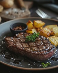 beautiful steak dish with vivid colors and blurred background, realistic and professional