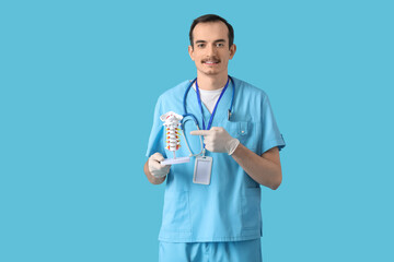 Sticker - Male doctor pointing at spine model on blue background