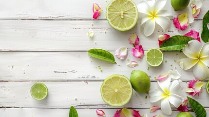 Wall Mural - Spa arrangement of flower and lime on wood white background