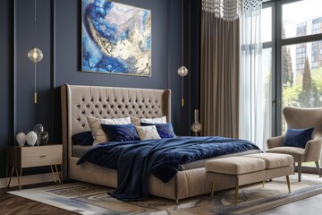 Dark blue bedroom interior with a double bed, a wooden armchair and a poster.