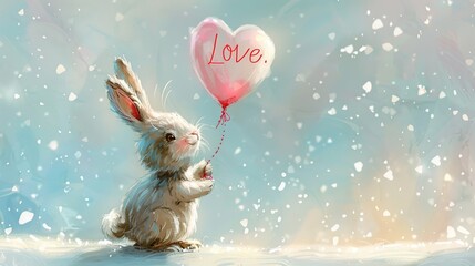 Wall Mural - Cute Rabbit Holding Heart Balloon