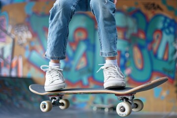 close up young girl performs a kickflip on her skateboard at a vibrant skatepark. Her ripped jeans and white sneakers add to the casual, energetic atmosphere of the scene.