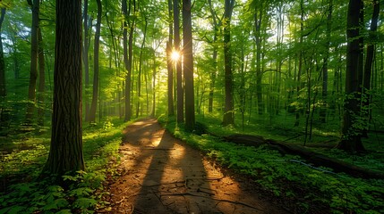 Wall Mural - Path footpath in the deciduous forest in spring summer morning sun. Young lush green trees in forest