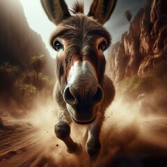 Wall Mural - a donkey running in the desert, sharp focus on the eyes and mouth