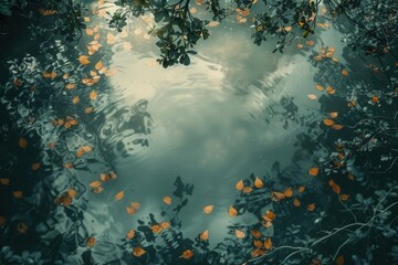 Wall Mural - River with floating digital leaves, morning light, overhead shot, ethereal style