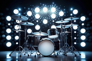 drum set on performance stage with bright glowing lights