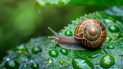 Small brown snail on green leaf.Snail crawling on leaf.Abstract drops of water on flower leaf.Africa. Thailand. Animal. Animal Shell. Animal Wildlife